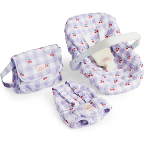 Tiny Harlow Puppenzubehör Tasche mit Kinderwagen und Decke in lila mit Kirschen für bezaubernde Puppenabenteuer