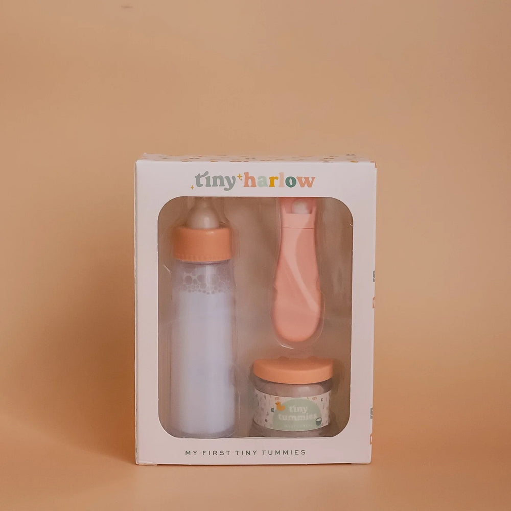 Tiny Tummies Set Babyspielzeug mit Flasche, Babynahrung und Löffel für Puppenliebhaber