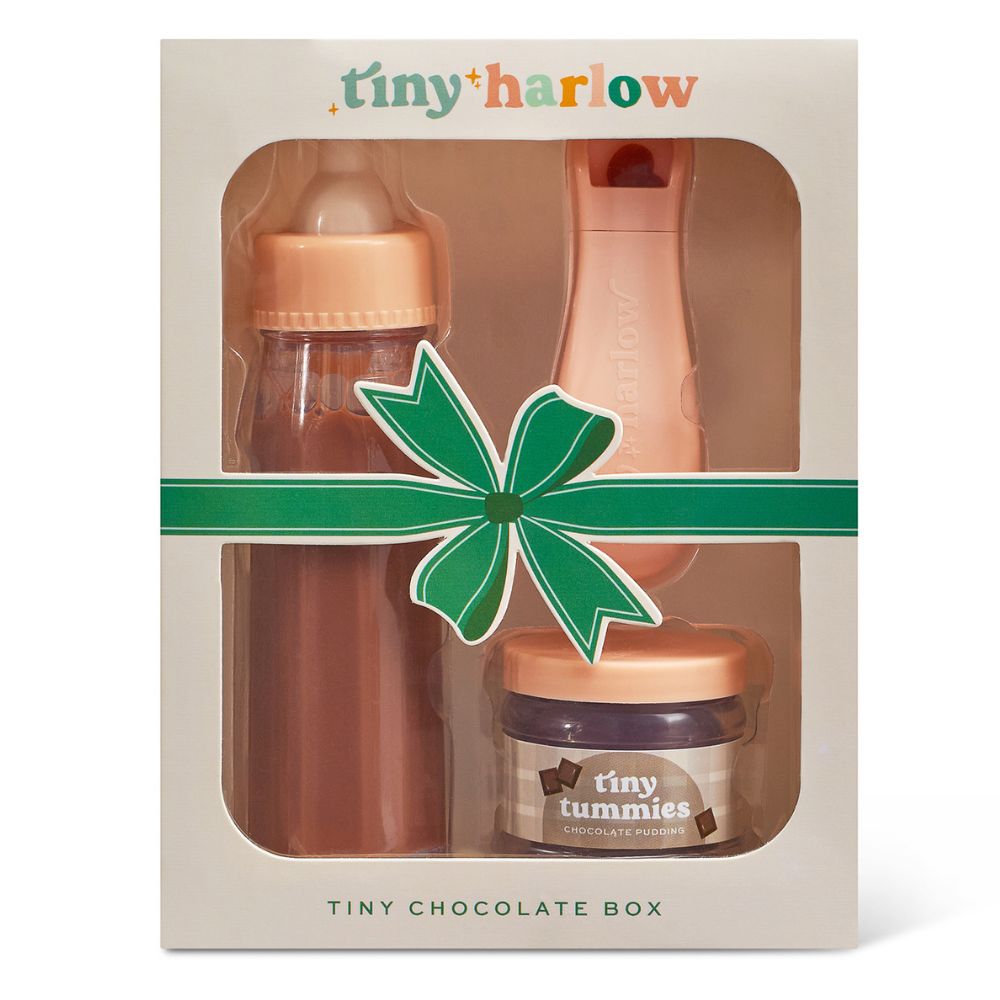 Tiny Tummies Set Zauberflasche mit Schokoladengeschmack und Messlöffel für Puppenaccessoires